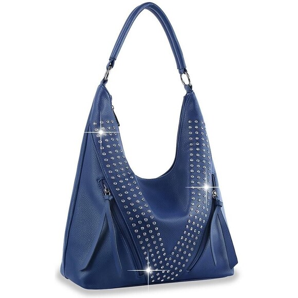 Blue Rhinestone Accented Bucket Style Hobo Handbag Shoulder Bag Tote - Picture 2 of 2